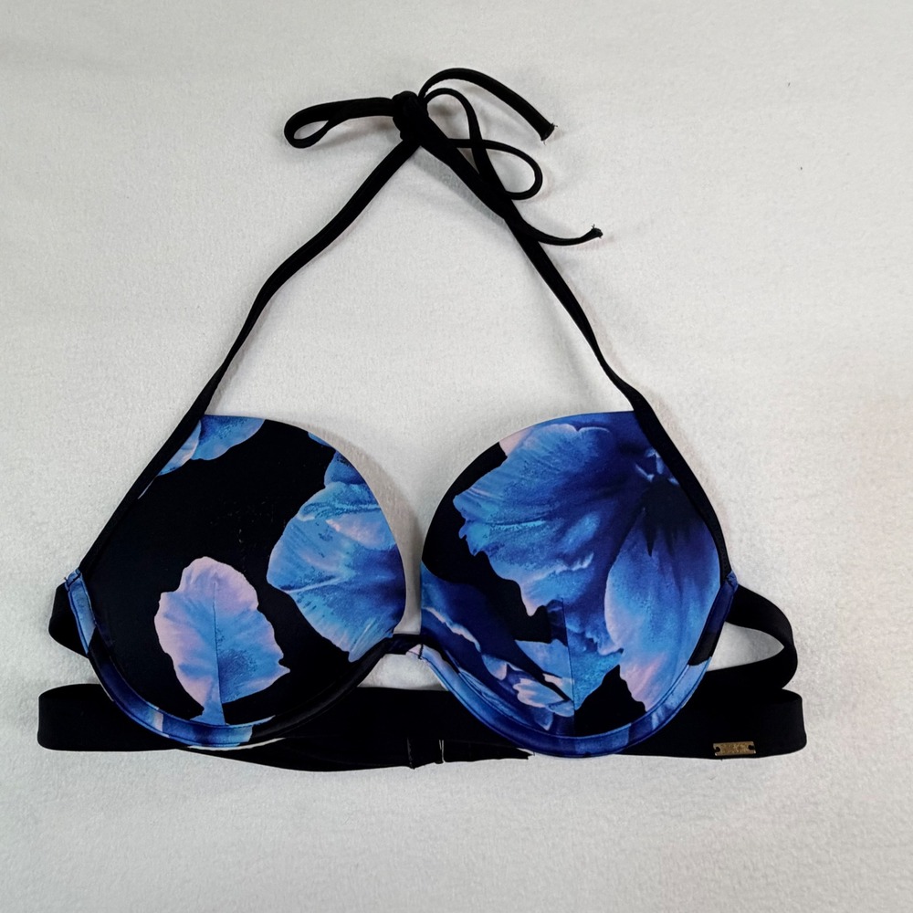 PINK Women Bikini Top Black Blue Floral Push Up Halter Underwire Multi-Strap